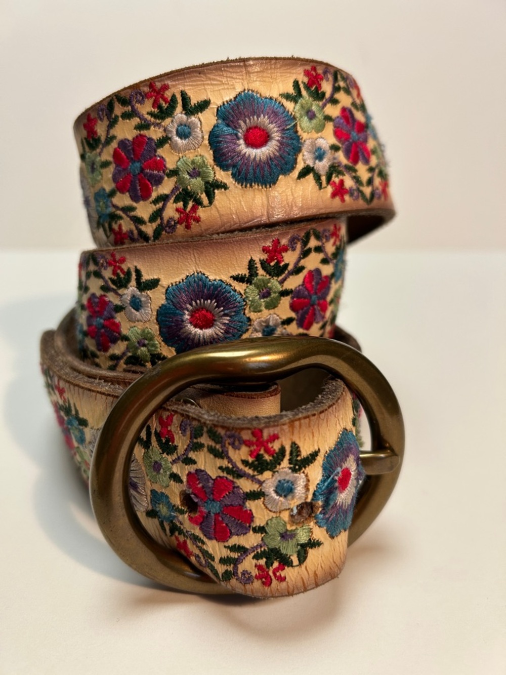 Lucky Brand Tan Leather Belt with Multicolor Floral Embroidery - Picture 1 of 7